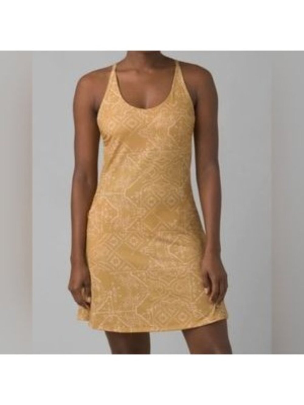 Prana Size S Opal Sleeveless V-Neck Athletic Dress Racerback Geo Toffee Print - Picture 2 of 10